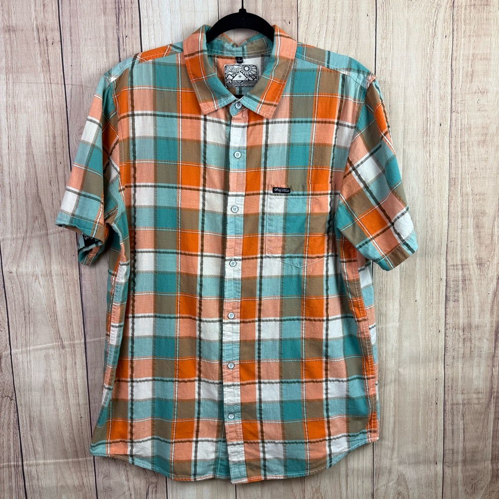 LRG Men's Vibrant Plaid Button-Down Shirt - Orange, Green, White